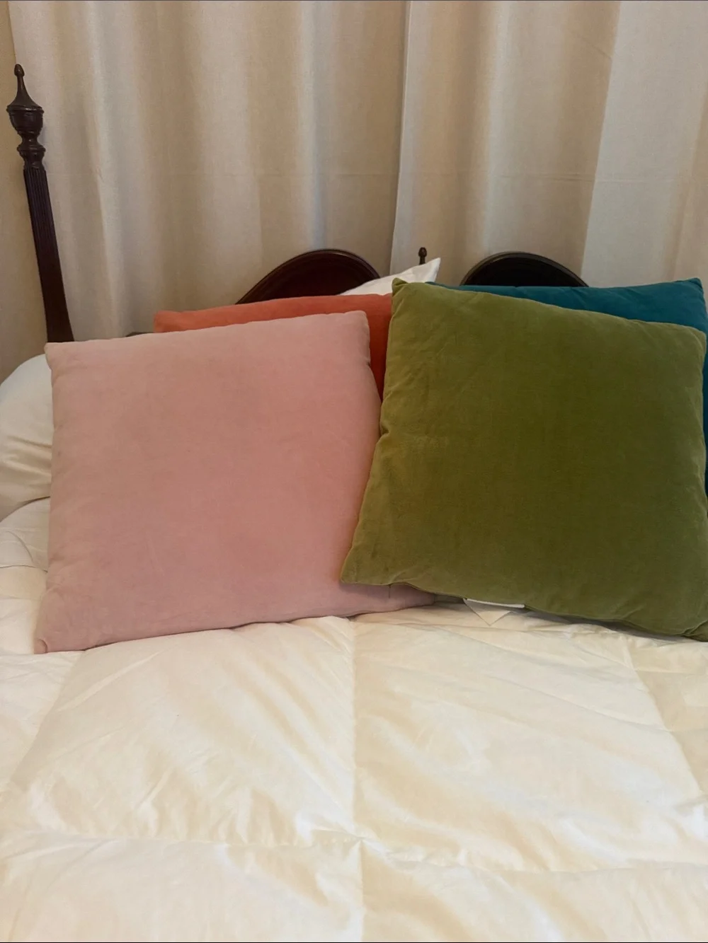 World Market Velvet Throw Pillows set of 4 16X16 square Aqua Pink Coral Olive
